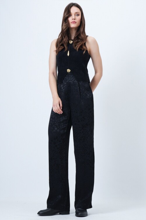 Desenli Fermuar Kapamalı Çift Cepli Palazzo Pantolon