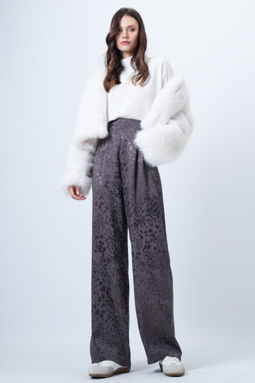 Desenli Fermuar Kapamalı Çift Cepli Palazzo Pantolon