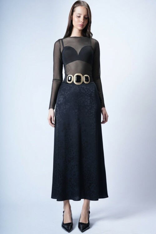 Desenli Fermuar Kapamalı Midi Boy Etek