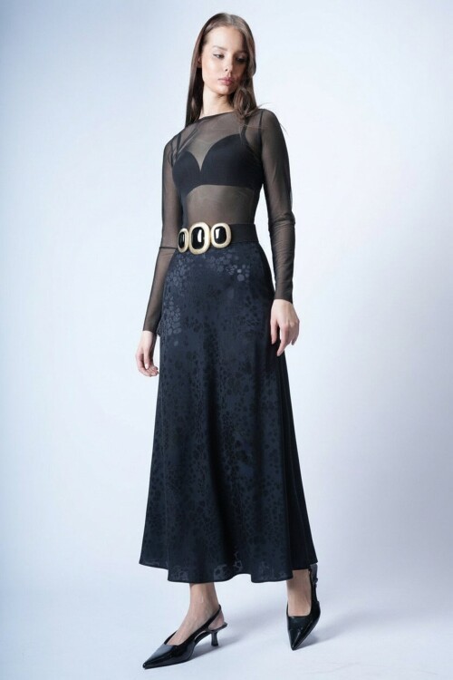 Desenli Fermuar Kapamalı Midi Boy Etek