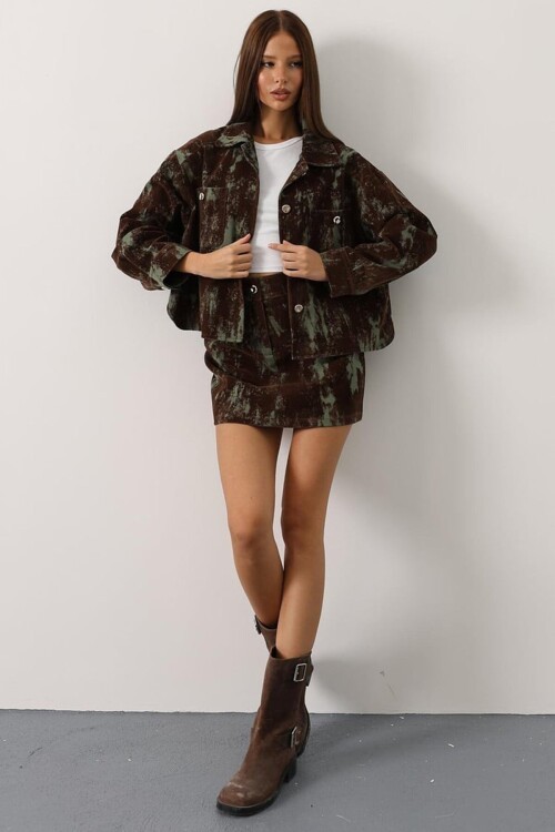 Desenli Süet Dokulu Ceket ve Etek Takım