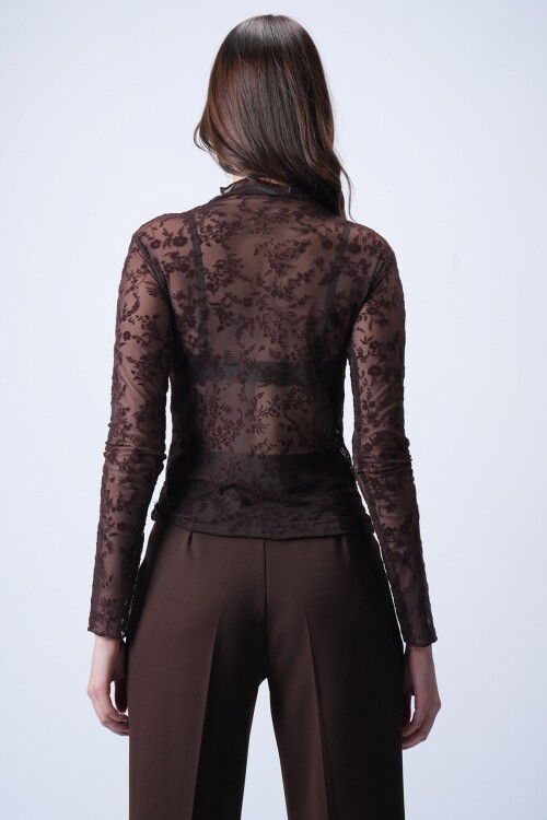 Kahverengi Dik Yaka Danteli Bluz