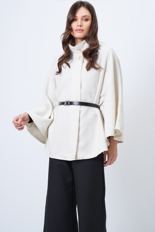 Dik Yaka Düğmeli Kemerli Panço