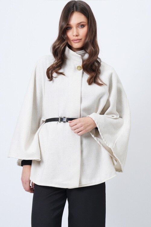 Dik Yaka Düğmeli Kemerli Panço