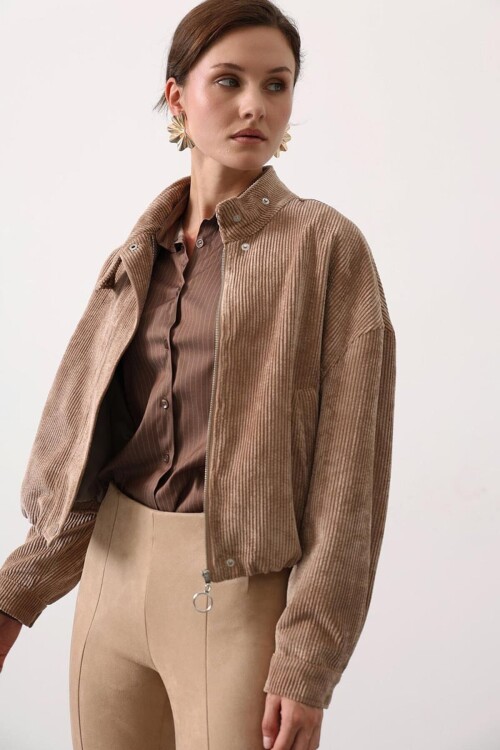 Dik Yaka Fitilli Bomber Kadife Ceket