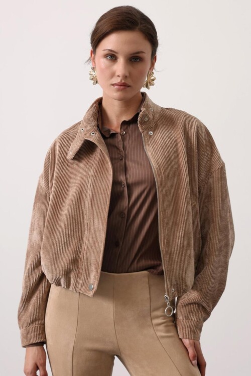 Dik Yaka Fitilli Bomber Kadife Ceket