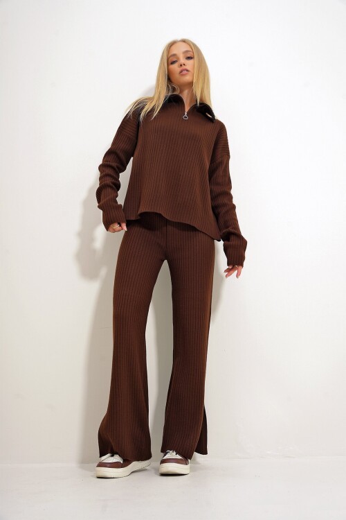 Dik Yaka Önü Fermuarlı Bluz Ve Palazzo Pantolon Triko İkili Takım