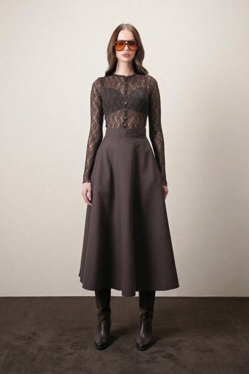 Kahverengi Dokulu Maxi Etek