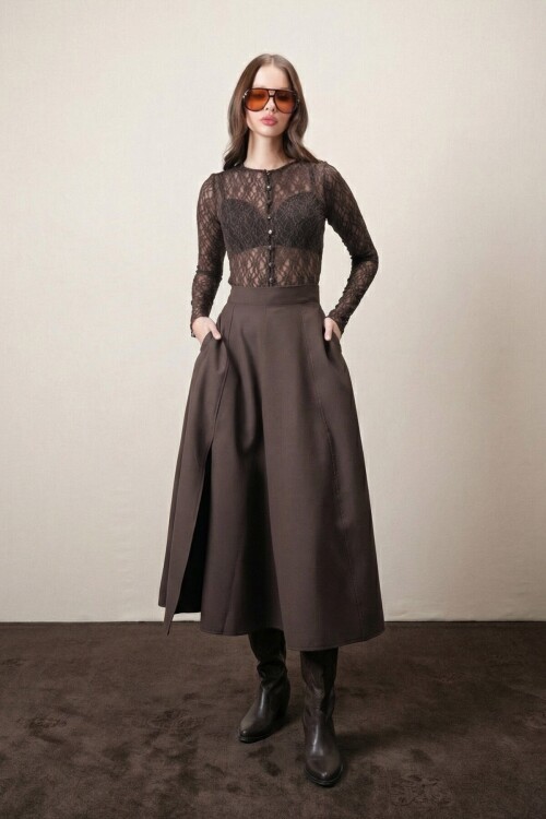 Kahverengi Dokulu Maxi Etek