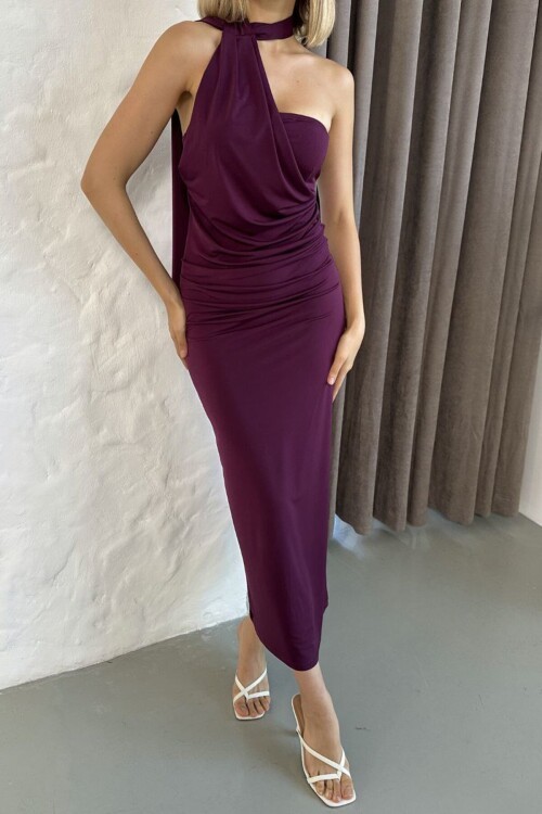 Drapeli Asimetrik Bağlamalı Uzun Elbise