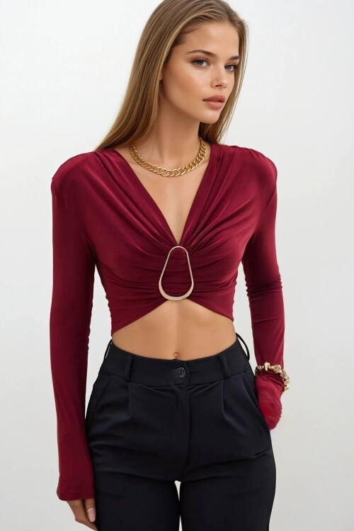 Drapeli V Yaka Aksesuar Detaylı Crop Bluz