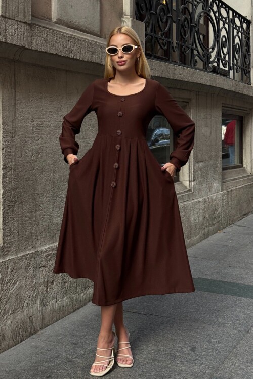 Düğme Detaylı Yuvarlak Yaka Pileli Ottoman Elbise