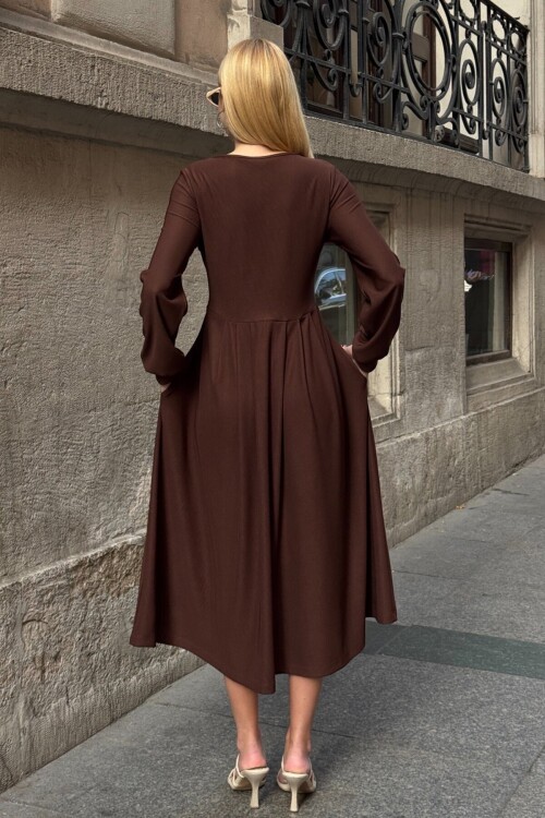 Düğme Detaylı Yuvarlak Yaka Pileli Ottoman Elbise