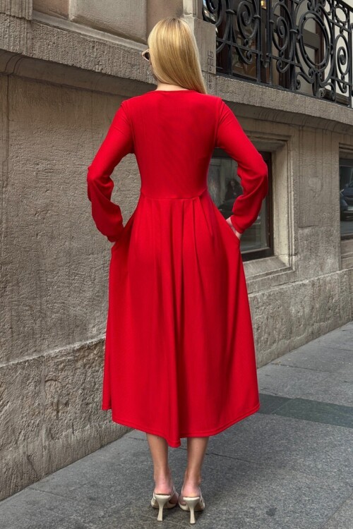 Düğme Detaylı Yuvarlak Yaka Pileli Ottoman Elbise