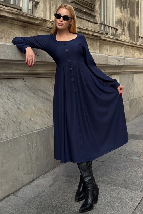 Düğme Detaylı Yuvarlak Yaka Pileli Ottoman Elbise