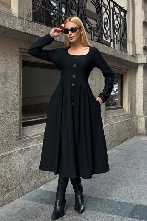 Düğme Detaylı Yuvarlak Yaka Pileli Ottoman Elbise