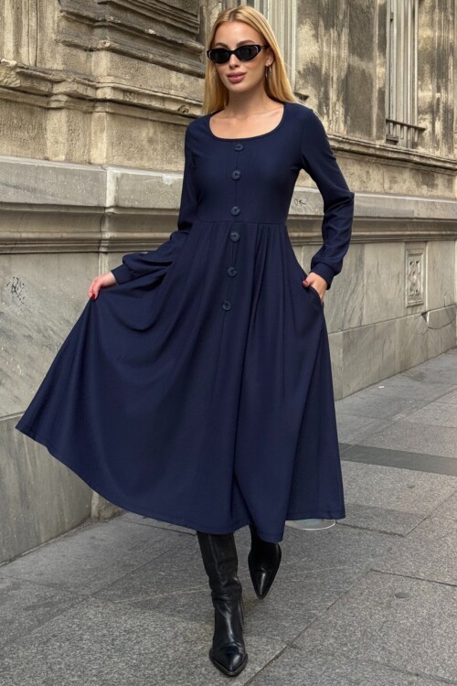 Düğme Detaylı Yuvarlak Yaka Pileli Ottoman Elbise