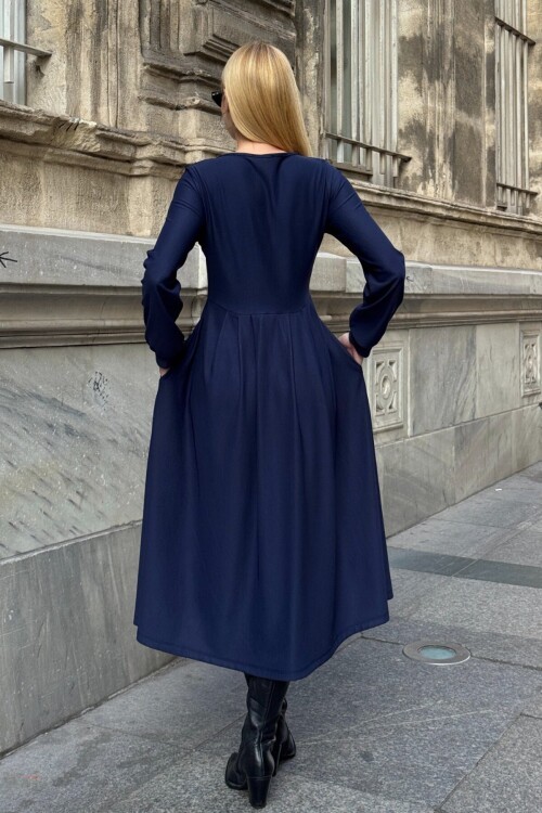 Düğme Detaylı Yuvarlak Yaka Pileli Ottoman Elbise