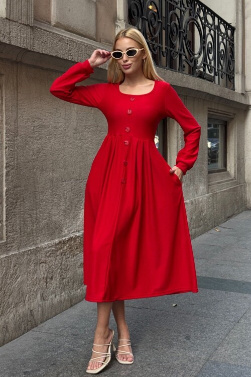 Düğme Detaylı Yuvarlak Yaka Pileli Ottoman Elbise