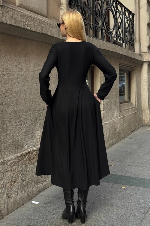 Düğme Detaylı Yuvarlak Yaka Pileli Ottoman Elbise