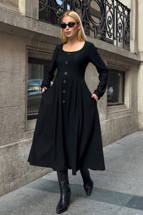 Düğme Detaylı Yuvarlak Yaka Pileli Ottoman Elbise