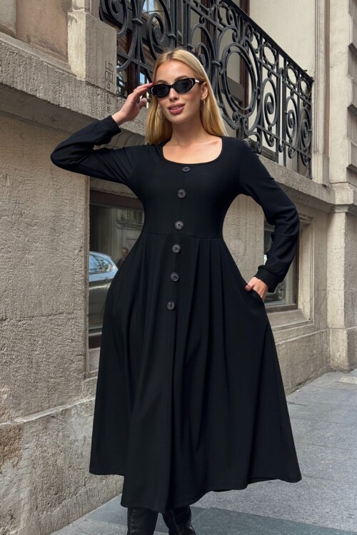 Düğme Detaylı Yuvarlak Yaka Pileli Ottoman Elbise