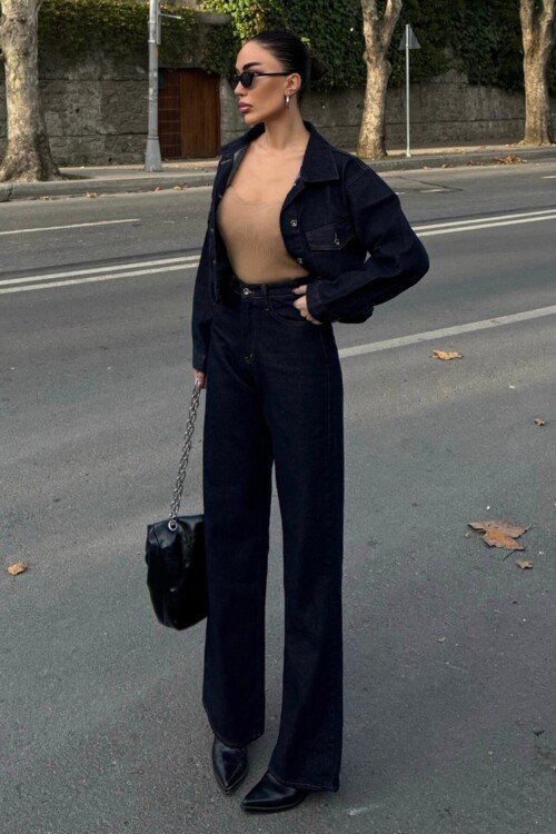 Düğmeli Crop Ceket ve Palazzo Jean Takım