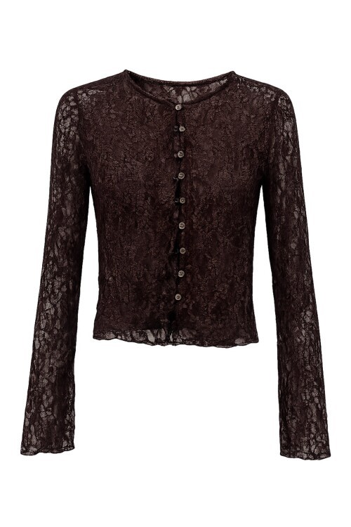 Kahverengi Düğmeli Dantel Bluz