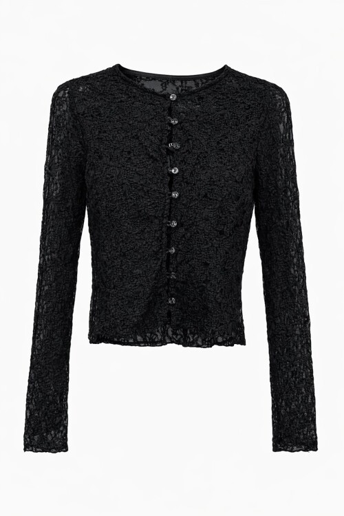 Siyah Düğmeli Dantel Bluz