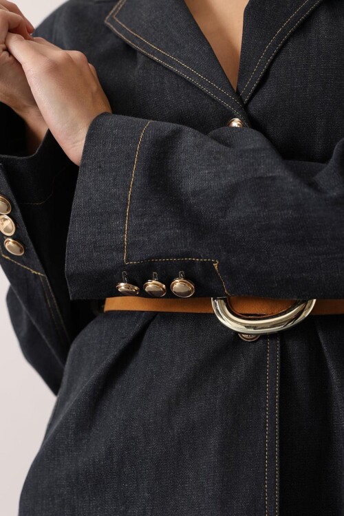Düğmeli Kemerli Ceket ve Palazzo Pantolon Fit Denim Takım