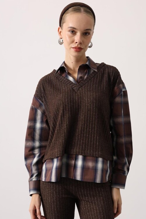 Ekose Gömlekli Hırka ve İspanyol Paça Pantolon Takım