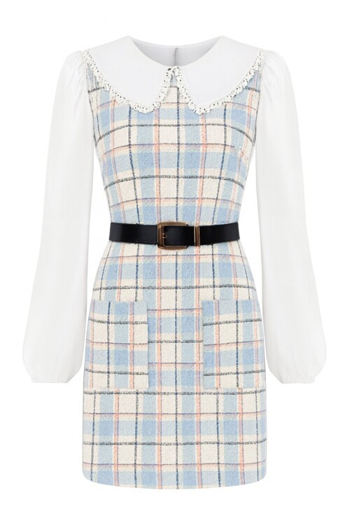 Ekoseli Bebe Yaka Mini Boy Kemerli Elbise