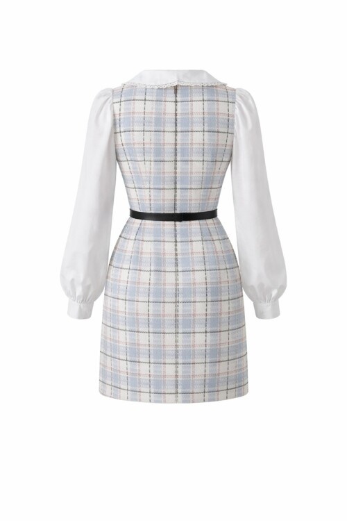 Ekoseli Bebe Yaka Mini Boy Kemerli Elbise