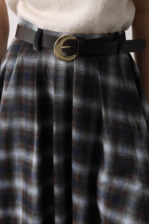 Ekoseli Kemerli Yüksek Bel Yırtmaç Detaylı Maxi Boy Etek