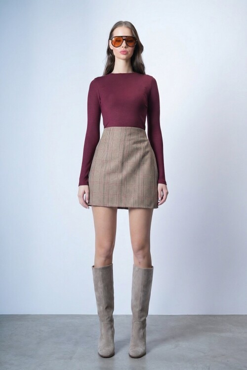 Bej Ekoseli Mini Etek