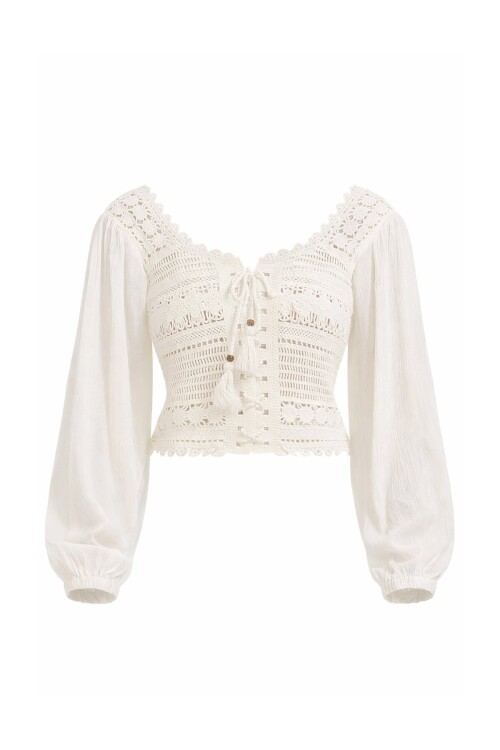 Ekru Kare Yaka Önü Bağlamalı Kroşata Dokuma Crop Bluz