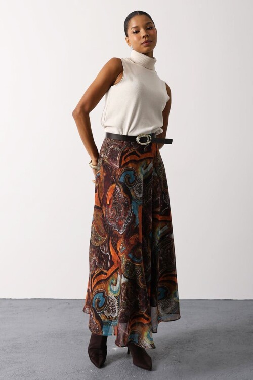 Etnik Desenli Fermuar Kapamalı Kemerli Etek