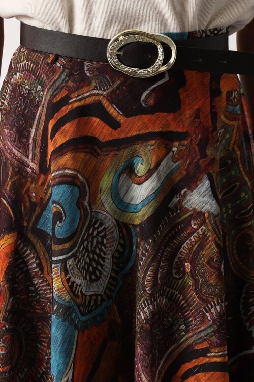 Etnik Desenli Fermuar Kapamalı Kemerli Etek