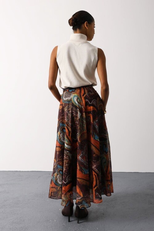 Etnik Desenli Fermuar Kapamalı Kemerli Etek