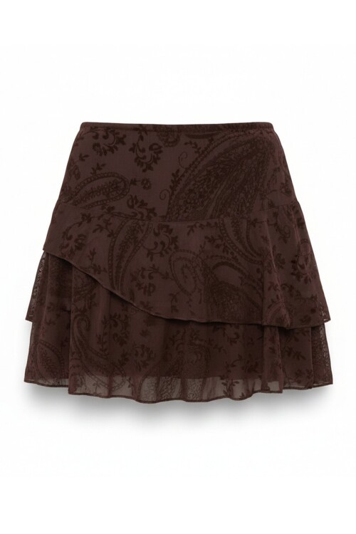 Fermuar Kapamalı Astarlı Flok Baskılı Tül Mini Etek