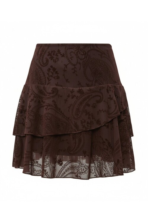 Fermuar Kapamalı Astarlı Flok Baskılı Tül Mini Etek