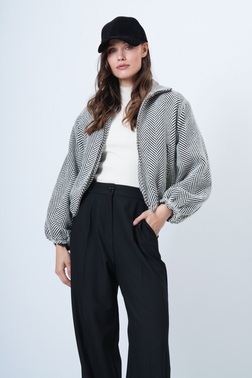 Fermuar Kapamalı Beli Lastikli Çift Cepli Bomber Kaşe Mont