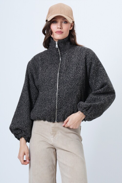 Fermuar Kapamalı Beli Lastikli Çift Cepli Bomber Kaşe Mont