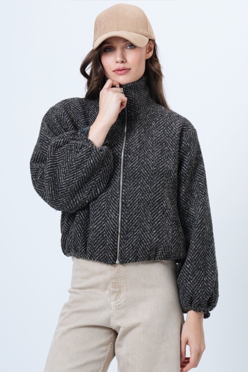 Fermuar Kapamalı Beli Lastikli Çift Cepli Bomber Kaşe Mont