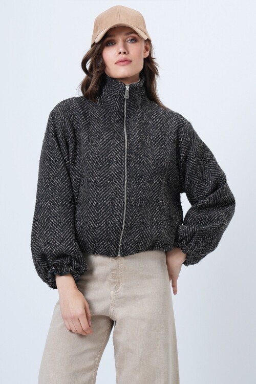 Fermuar Kapamalı Beli Lastikli Çift Cepli Bomber Kaşe Mont