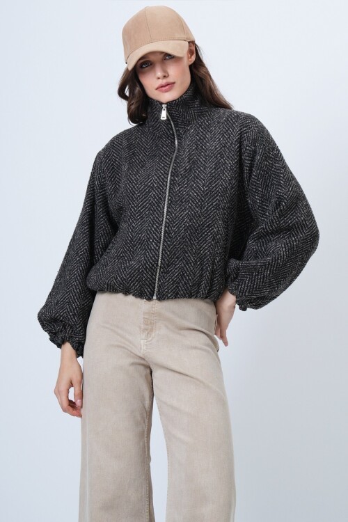 Fermuar Kapamalı Beli Lastikli Çift Cepli Bomber Kaşe Mont