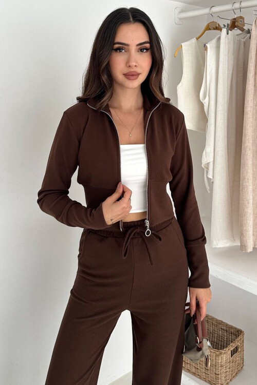 Fermuar Kapamalı Crop Sweat Ve Geniş Paça Eşofman Takım