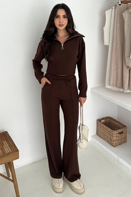 Fermuar Kapamalı Crop Sweat Ve Geniş Paça Eşofman Takım