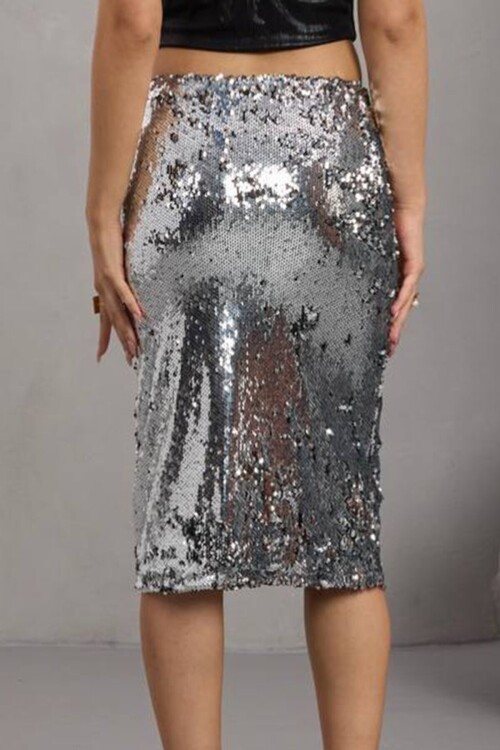 Fermuar Kapamalı Payetli Midi Etek