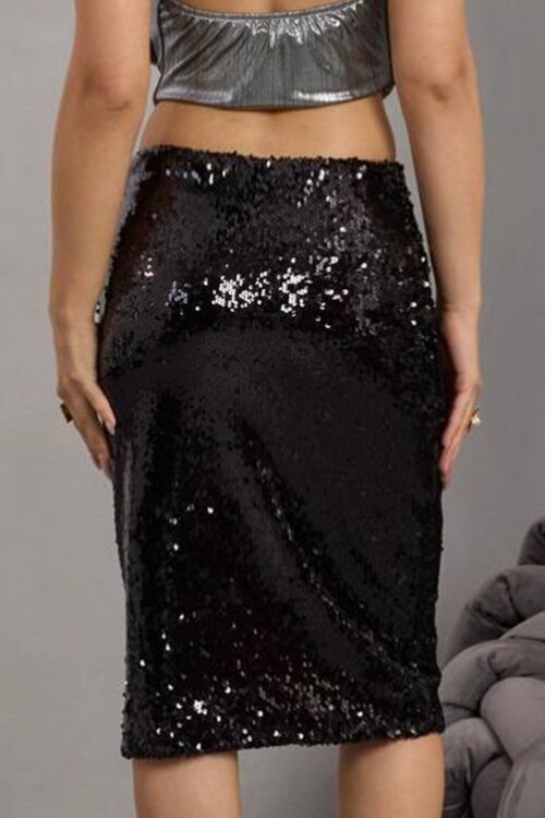 Fermuar Kapamalı Payetli Midi Etek